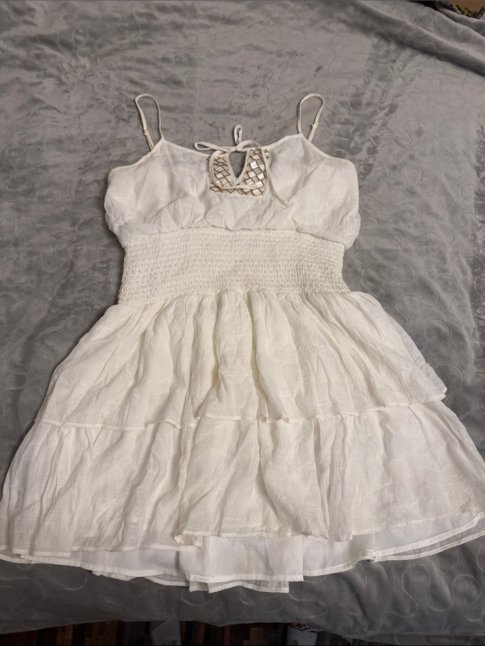 bebe White Tiered Spaghetti-Strap Sundress with Smocked Waist